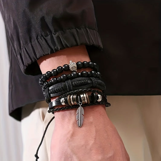 Black Layered Bracelet Set – 4pc Braided & Beaded Leaf/Feather Charm