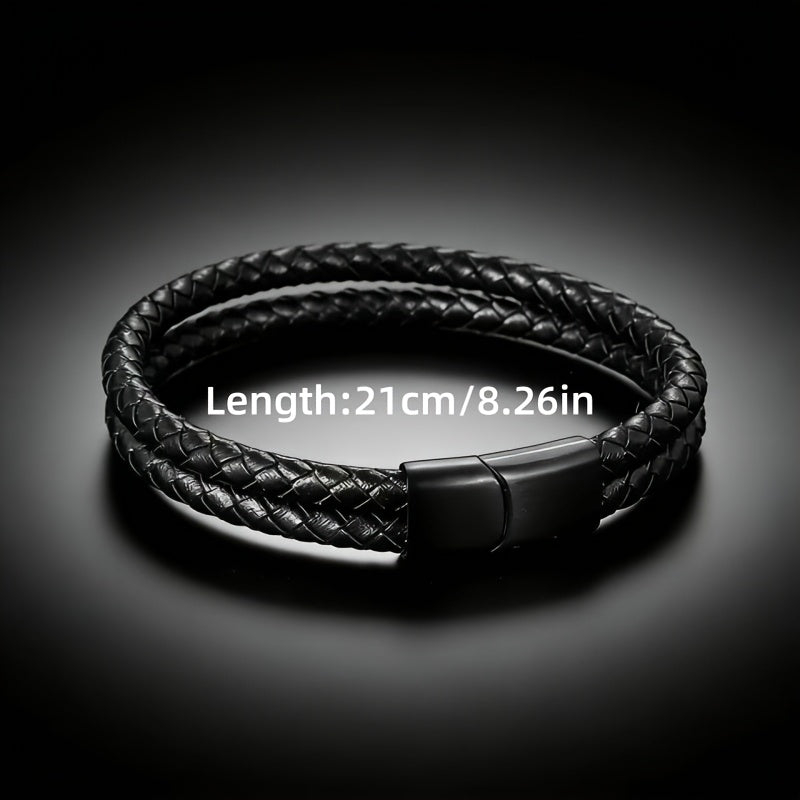 Black Double-Strand Braided Faux Leather Bracelet – 21cm