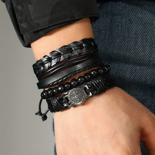 Vintage Black Braided Faux Leather Bracelet Set – 4 Piece
