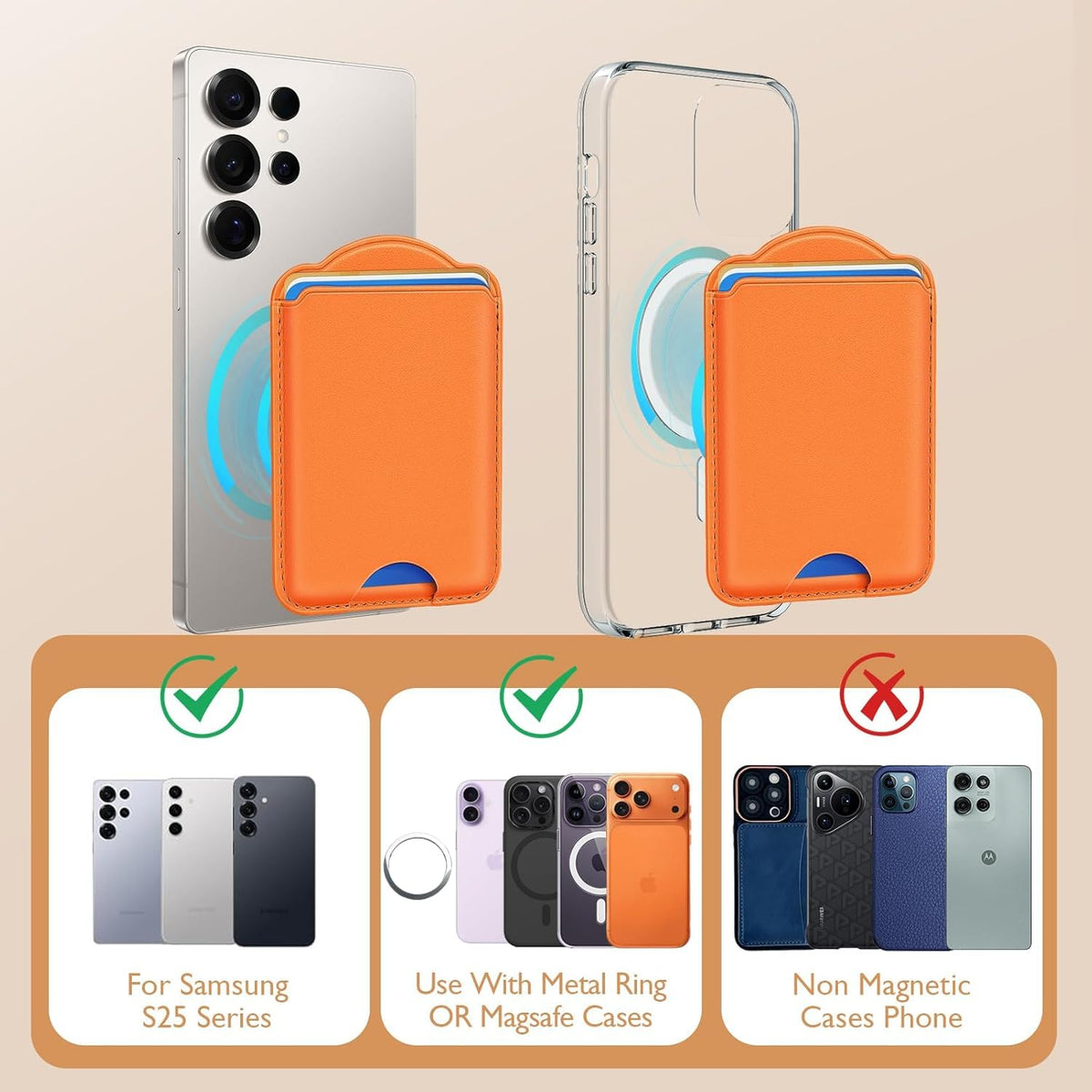 Magnetic Card Holder | Compatible with Magsafe Wallet | for Samsung Galaxy A23 S24 Ultra N52 | Fits 3 Cards