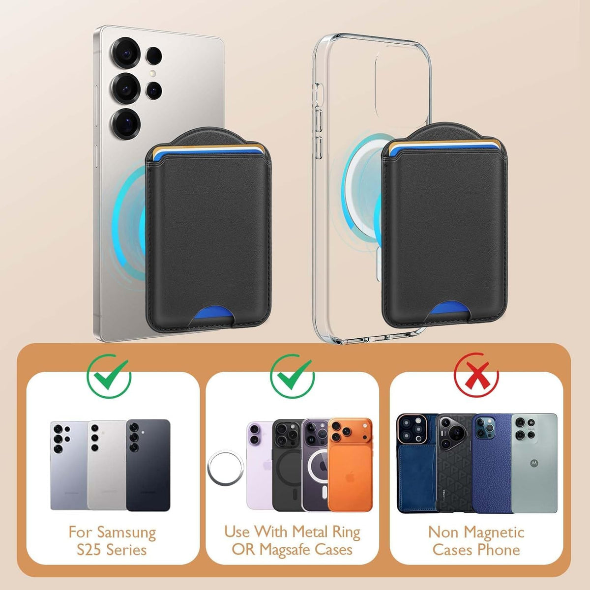 Magnetic Card Holder | Compatible with Magsafe Wallet | for Samsung Galaxy A23 S24 Ultra N52 | Fits 3 Cards