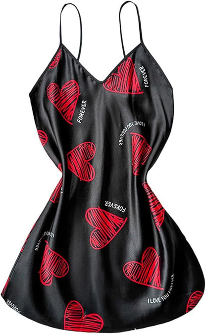 Women's Sexy V-Neck Camisole Nightgown Comfortable Faux Sleepwear (Black)