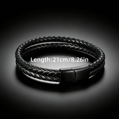 Black Double-Strand Braided Faux Leather Bracelet – 21cm