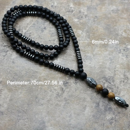 Men’s Matte Black Beaded Necklace 27.5" – Silver-Tone Sculpted Head & Wood Accent Beads