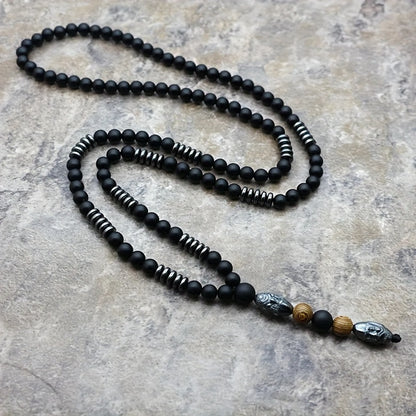 Men’s Matte Black Beaded Necklace 27.5" – Silver-Tone Sculpted Head & Wood Accent Beads