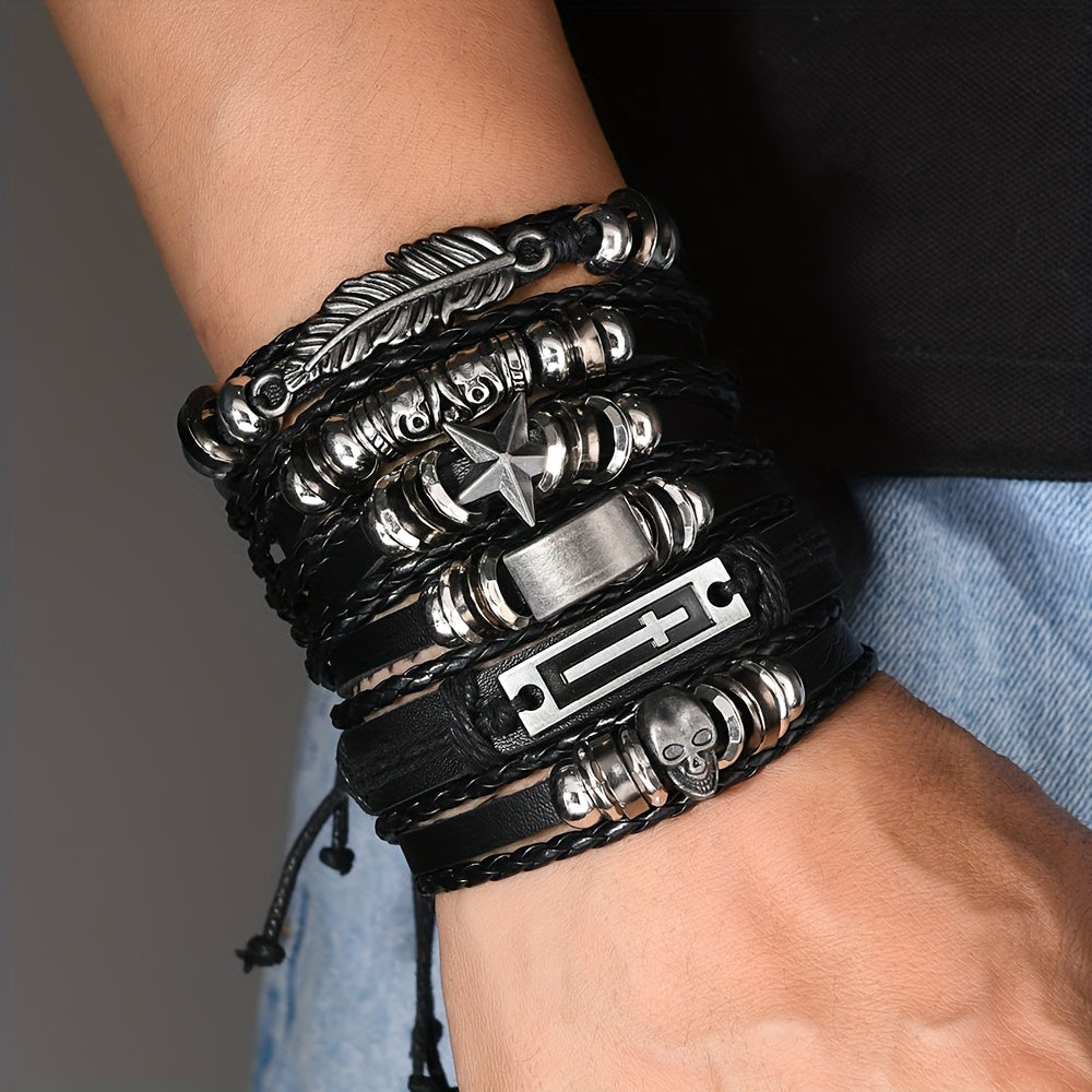 Black Handwoven Bracelet Set – Feather, Star & Skull [6PC]