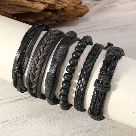 6pcs Faux Leather Wooden Bead Wax Thread Bracelet Set