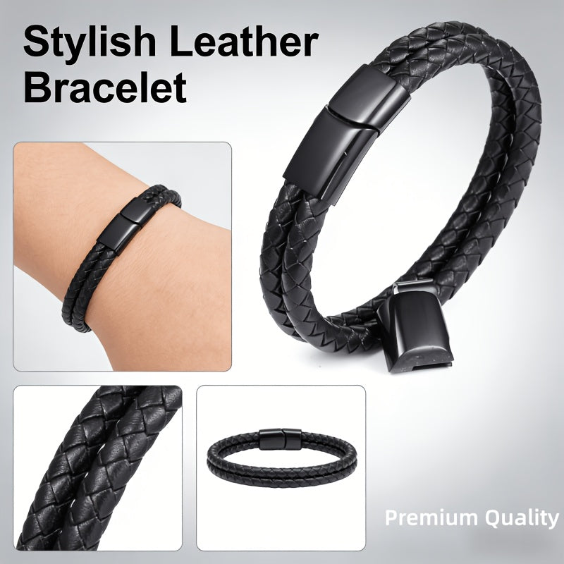 Black Double-Strand Braided Faux Leather Bracelet – 21cm