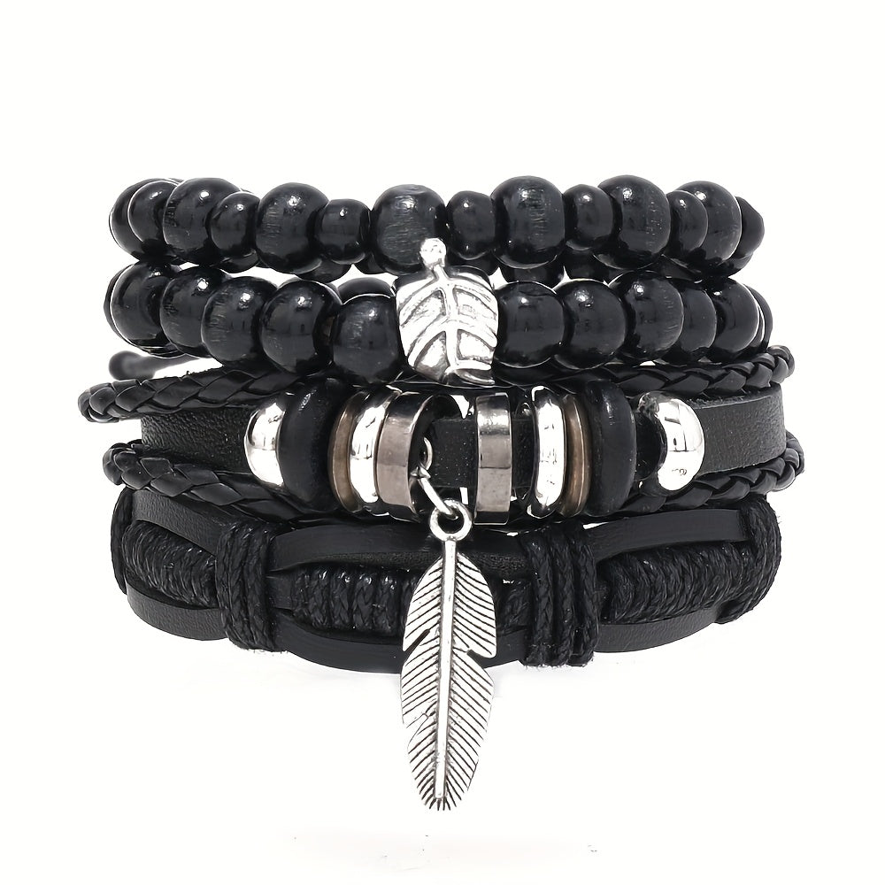 Black Layered Bracelet Set – 4pc Braided & Beaded Leaf/Feather Charm