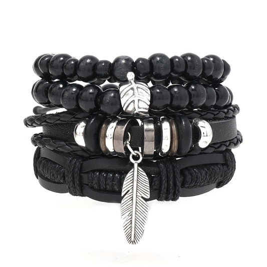Black Layered Bracelet Set – 4pc Braided & Beaded Leaf/Feather Charm