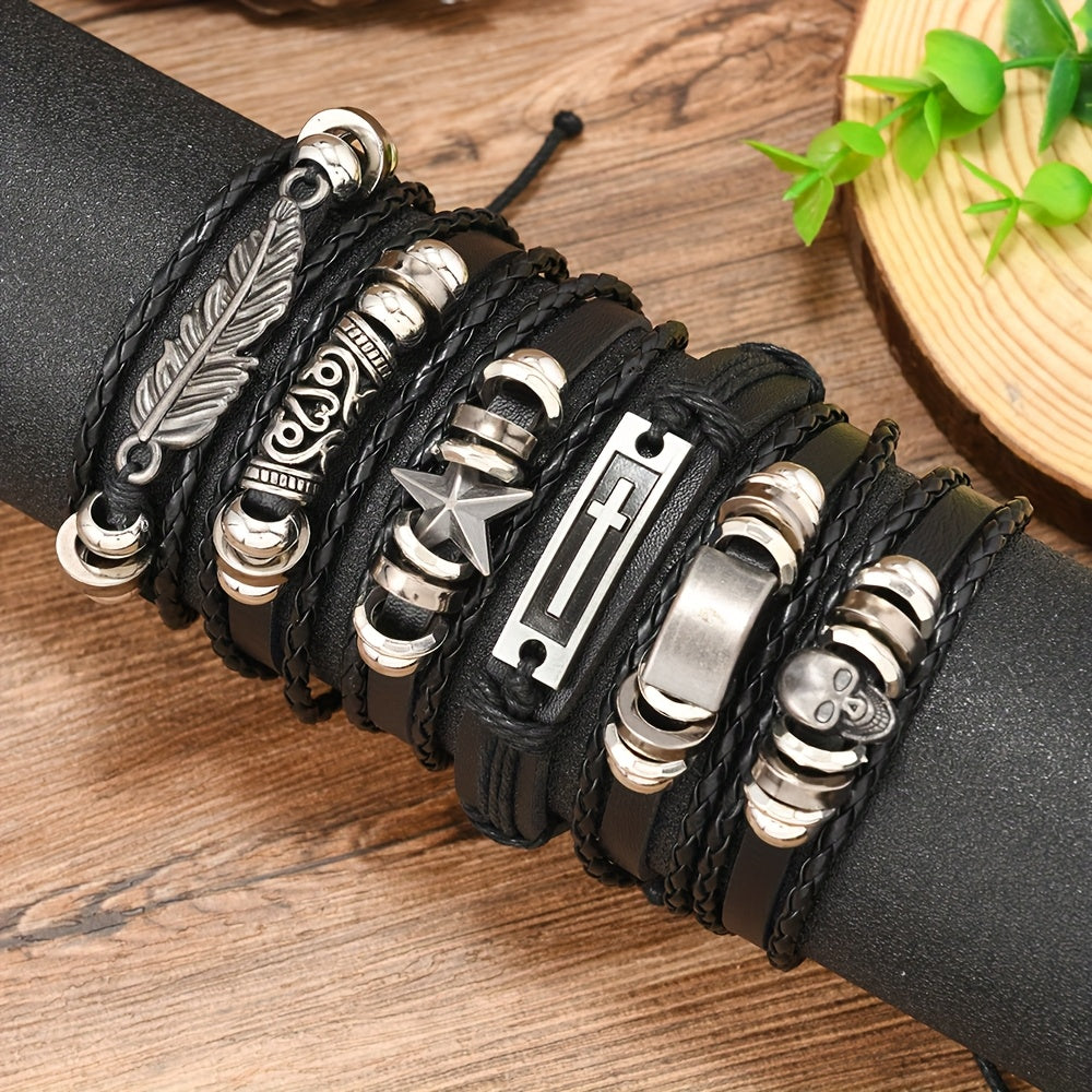 Black Handwoven Bracelet Set – Feather, Star & Skull [6PC]