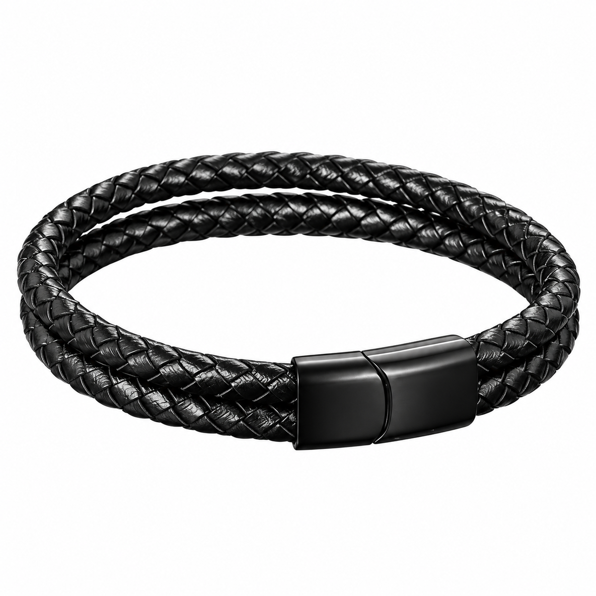 Black Double-Strand Braided Faux Leather Bracelet – 21cm