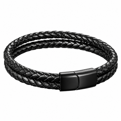 Black Double-Strand Braided Faux Leather Bracelet – 21cm