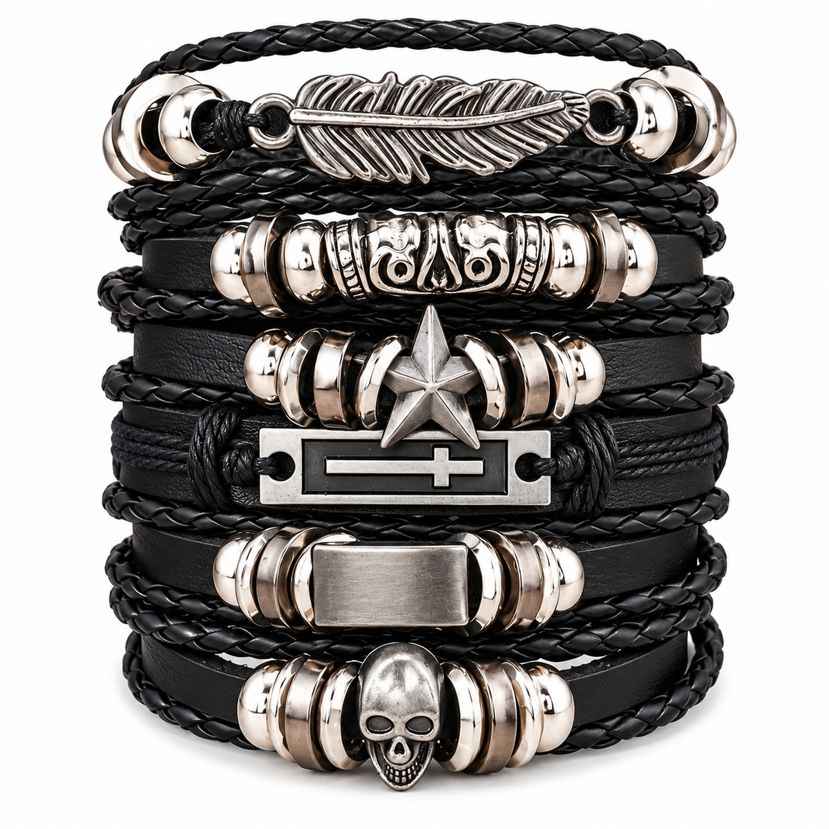 Black Handwoven Bracelet Set – Feather, Star & Skull [6PC]