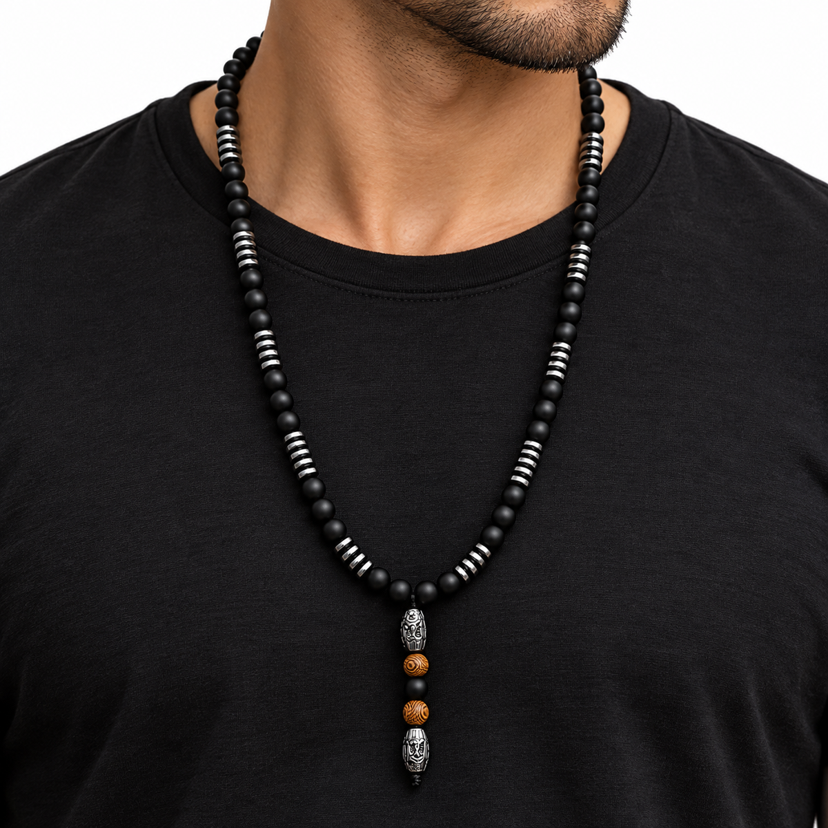 Men’s Matte Black Beaded Necklace 27.5" – Silver-Tone Sculpted Head & Wood Accent Beads