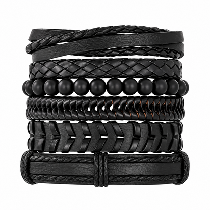 6-Piece Men’s Black Faux Leather Bracelet Set – Vintage Multi-Layer Woven & Braided Bangles, Beaded Adjustable Wristbands