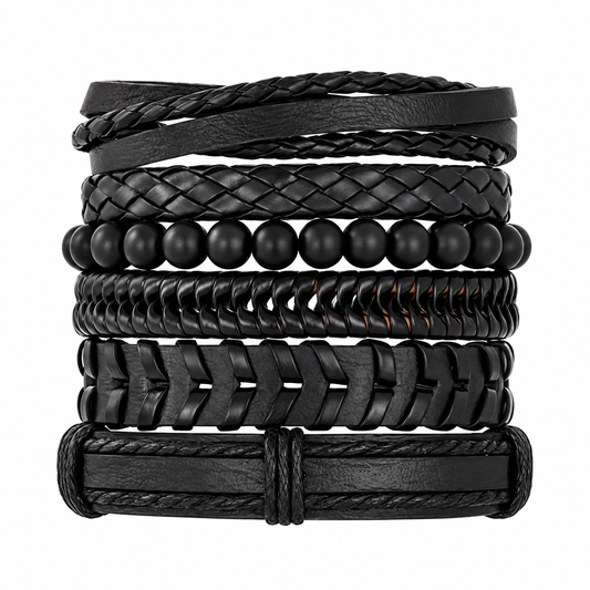 6-Piece Men’s Black Faux Leather Bracelet Set – Vintage Multi-Layer Woven & Braided Bangles, Beaded Adjustable Wristbands