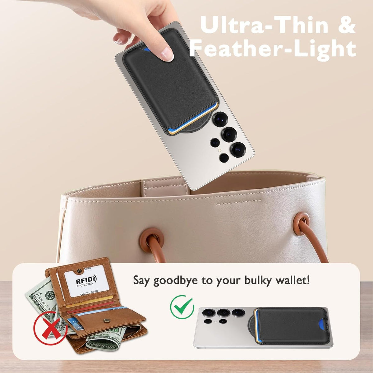 Magnetic Card Holder | Compatible with Magsafe Wallet | for Samsung Galaxy A23 S24 Ultra N52 | Fits 3 Cards