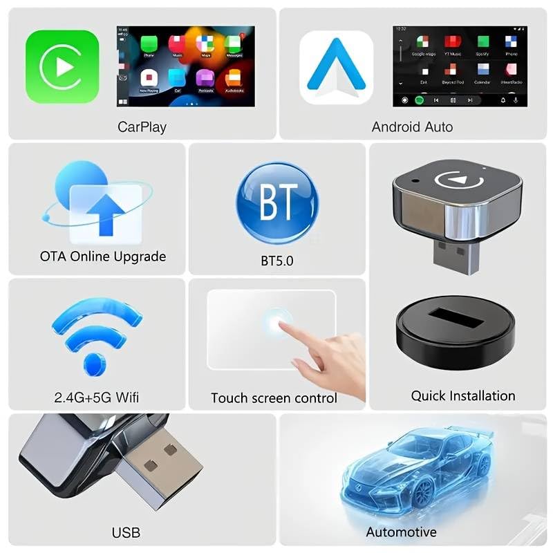 Wireless CarPlay & AndroidAuto Adapter - Upgrade Your Wired CarPlay/AndroidAuto to Wireless - Mini USB Design for Cars with Built-in Wired Apple CarPlay or Android Auto - Seamless Use