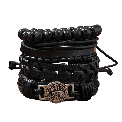 Vintage Black Braided Faux Leather Bracelet Set – 4 Piece
