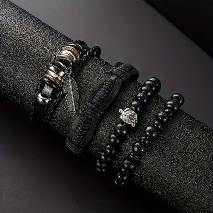 Black Layered Bracelet Set – 4pc Braided & Beaded Leaf/Feather Charm