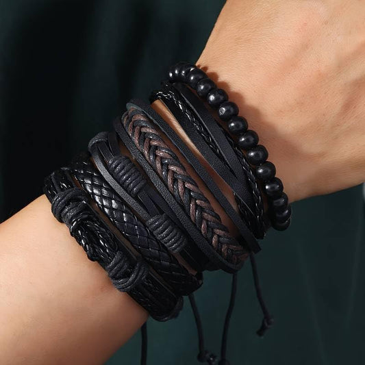 6pcs Faux Leather Wooden Bead Wax Thread Bracelet Set