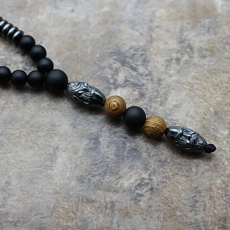 Men’s Matte Black Beaded Necklace 27.5" – Silver-Tone Sculpted Head & Wood Accent Beads