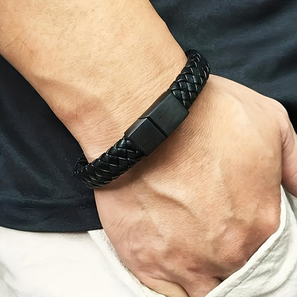 Men’s Black Braided Leather Bracelet | Stainless Steel Clasp
