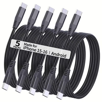 5-Pack 6.6ft 60W Fast Charging USB‑C to USB‑C Nylon Braided - up to 480 Mbps