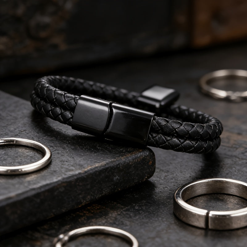 Black Double-Strand Braided Faux Leather Bracelet – 21cm