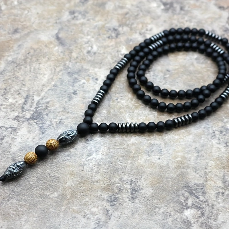 Men’s Matte Black Beaded Necklace 27.5" – Silver-Tone Sculpted Head & Wood Accent Beads