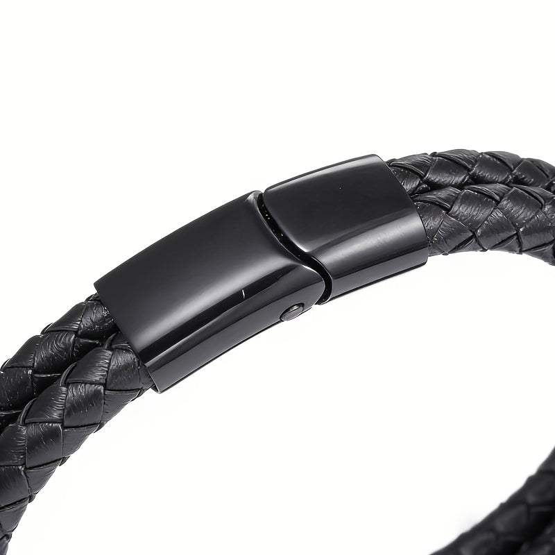 Black Double-Strand Braided Faux Leather Bracelet – 21cm